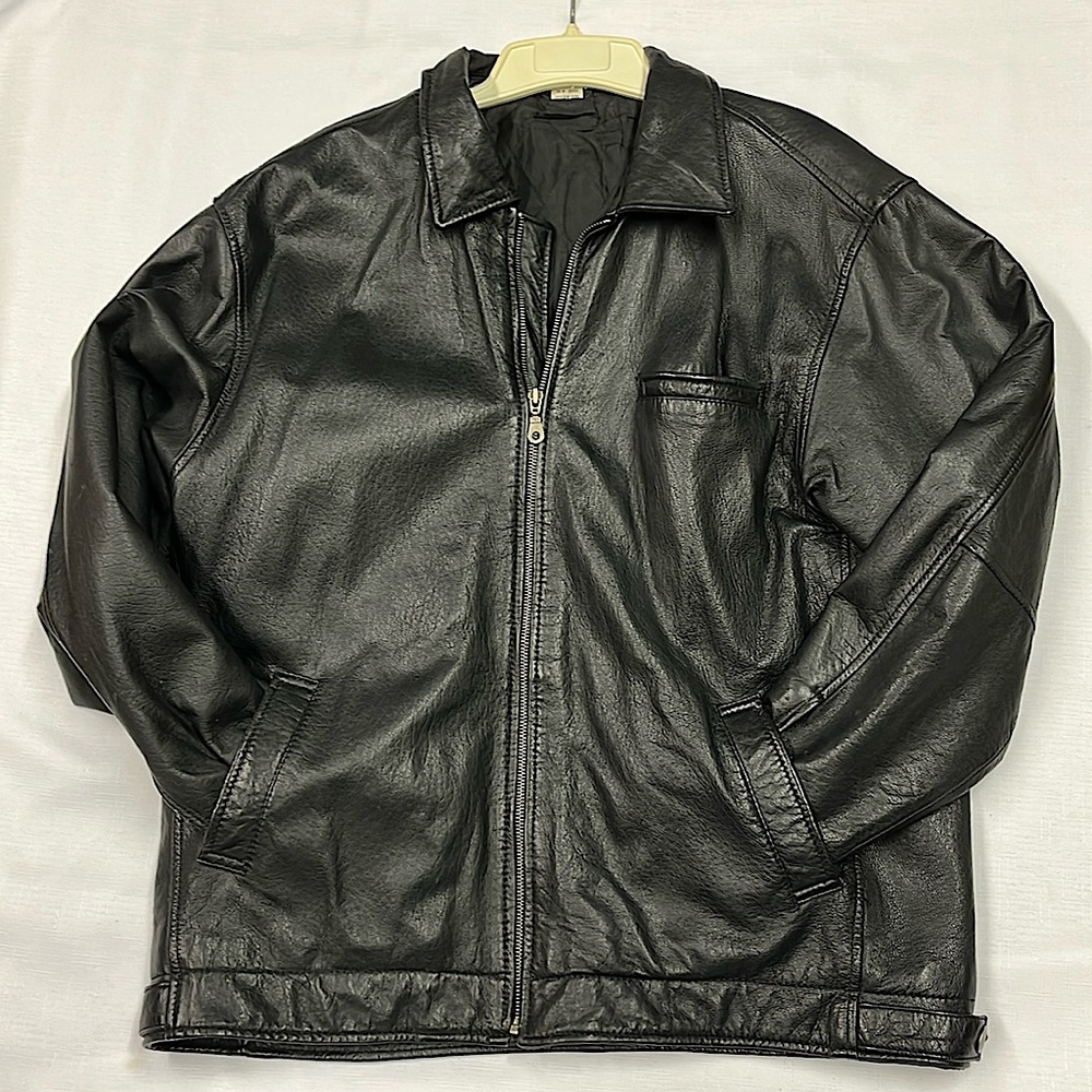 Black Leather Bomber Jacket - Polyester Lining - … - image 2